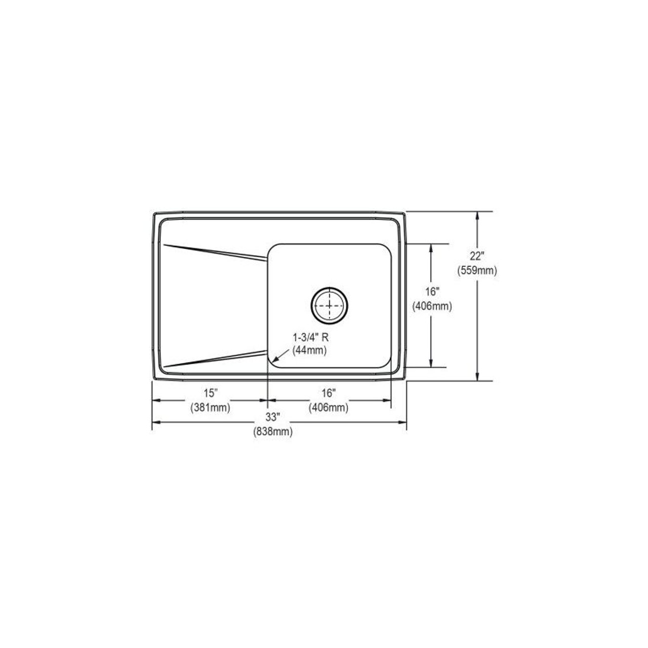 33" x 22" x 7-5/8" 18 Gauge Stainless Steel Single Bowl Drop-in Sink with Right Drainboard and 2 Faucet Holes in Lustrous Satin