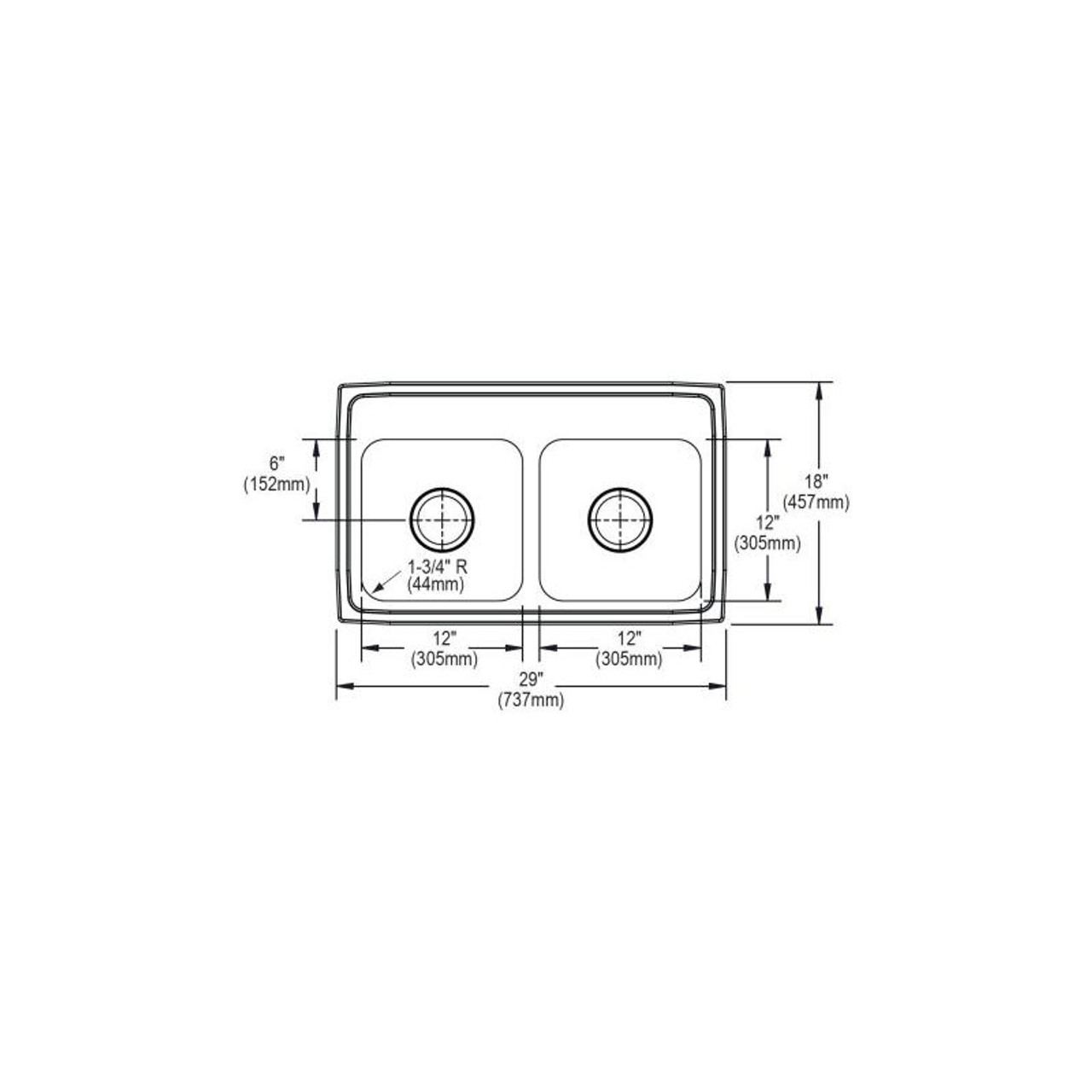 29" x 18" x 7-5/8" 18 Gauge Stainless Steel Equal Double Bowl Drop-in Kitchen Sink with 1 Faucet Hole in Lustrous Satin