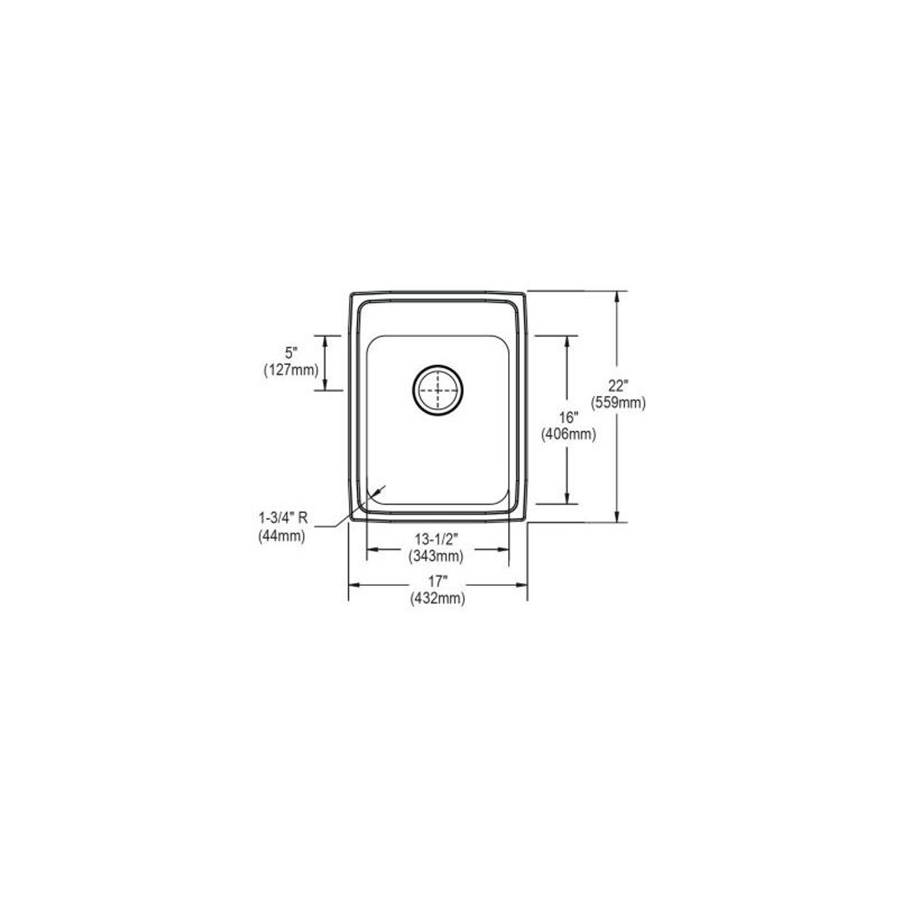 17" x 22" x 5" 18 Gauge Stainless Steel Single Bowl Drop-in ADA Sink with 1 Faucet Hole in Lustrous Satin