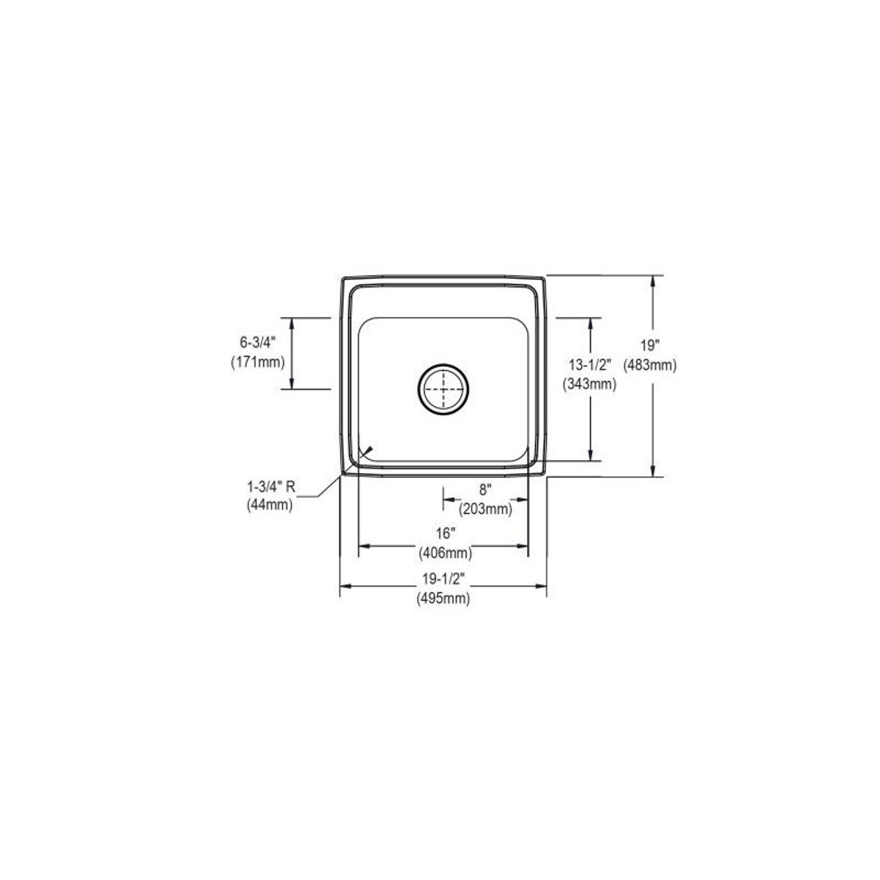 19-1/2" x 19" x 5-1/2" 18 Gauge Stainless Steel Single Bowl Drop-in ADA Kitchen Sink with 1 Faucet Hole in Lustrous Satin