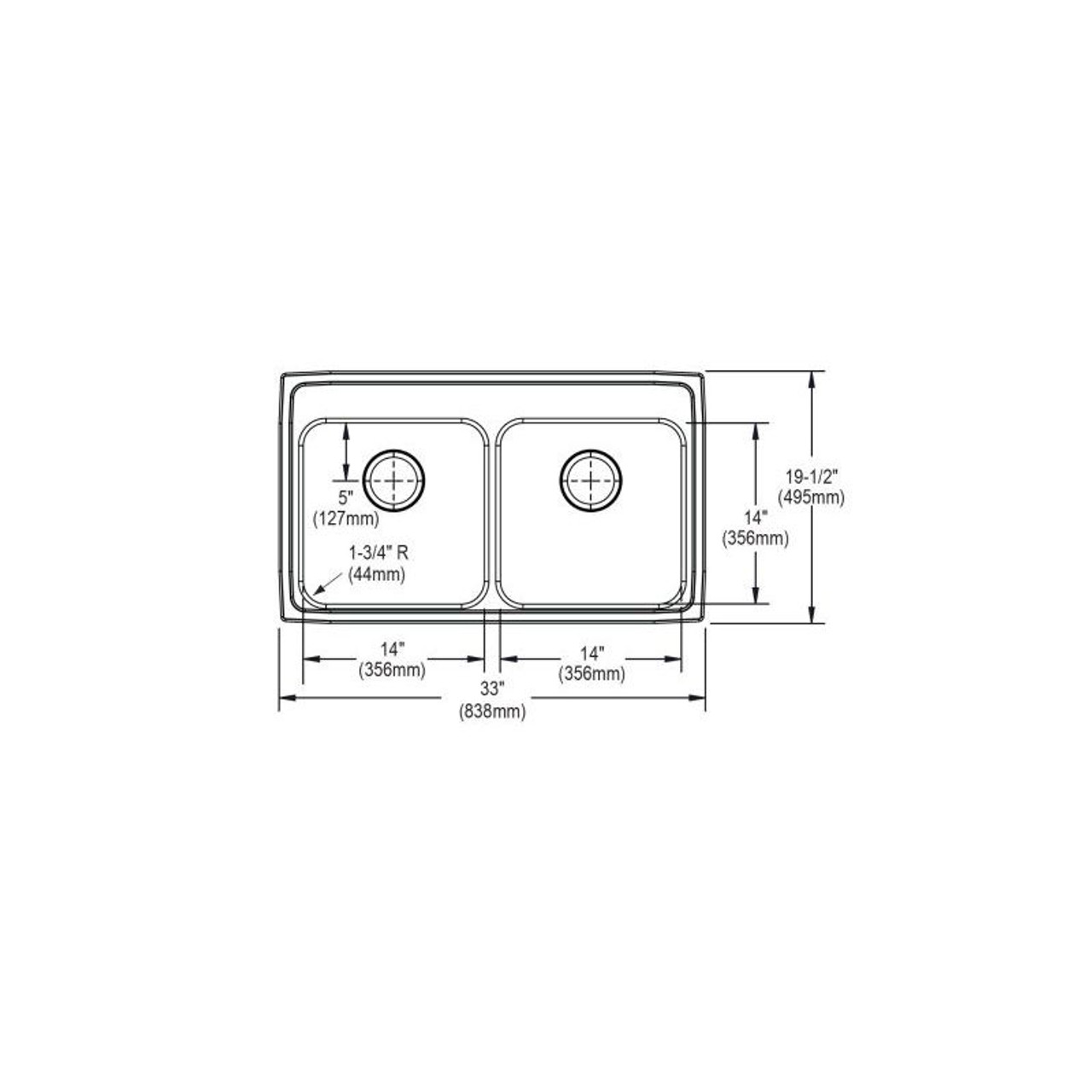 33" x 19-1/2" x 5" 18 Gauge Stainless Steel Equal Double Bowl Quick-Clip Drop-in ADA Kitchen Sink with 4 Faucet Holes in Lustrous Satin