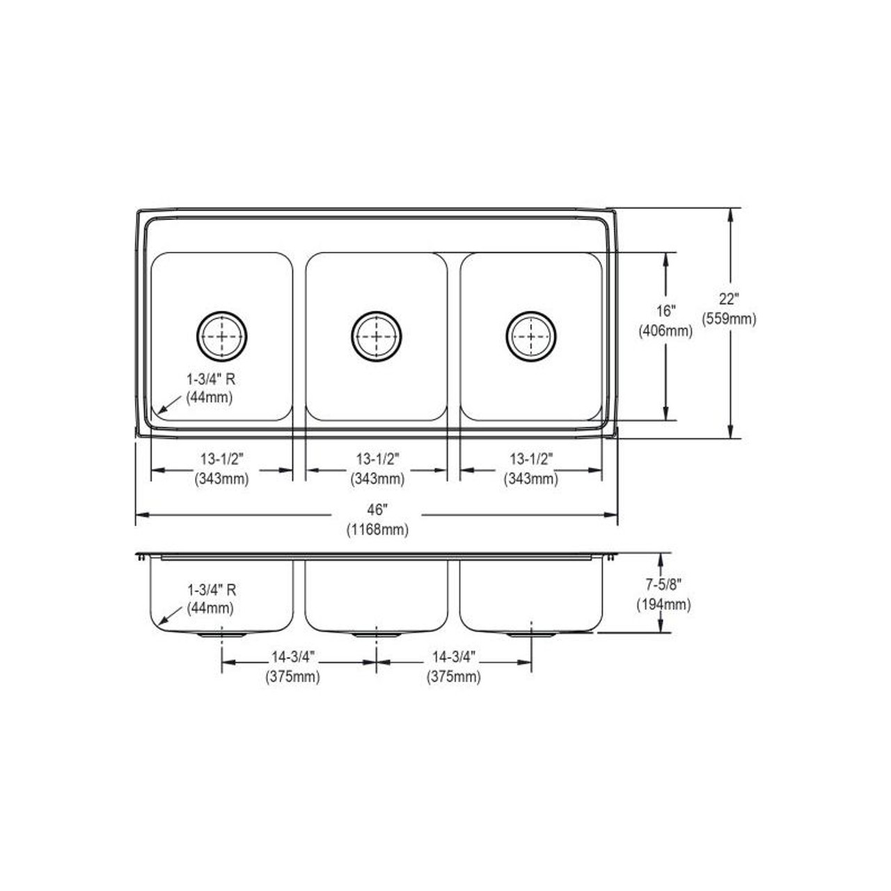 46" x 22" x 7-5/8" 18 Gauge Stainless Steel Triple Bowl Drop-in Kitchen Sink with 6 Faucet Holes in Lustrous Satin