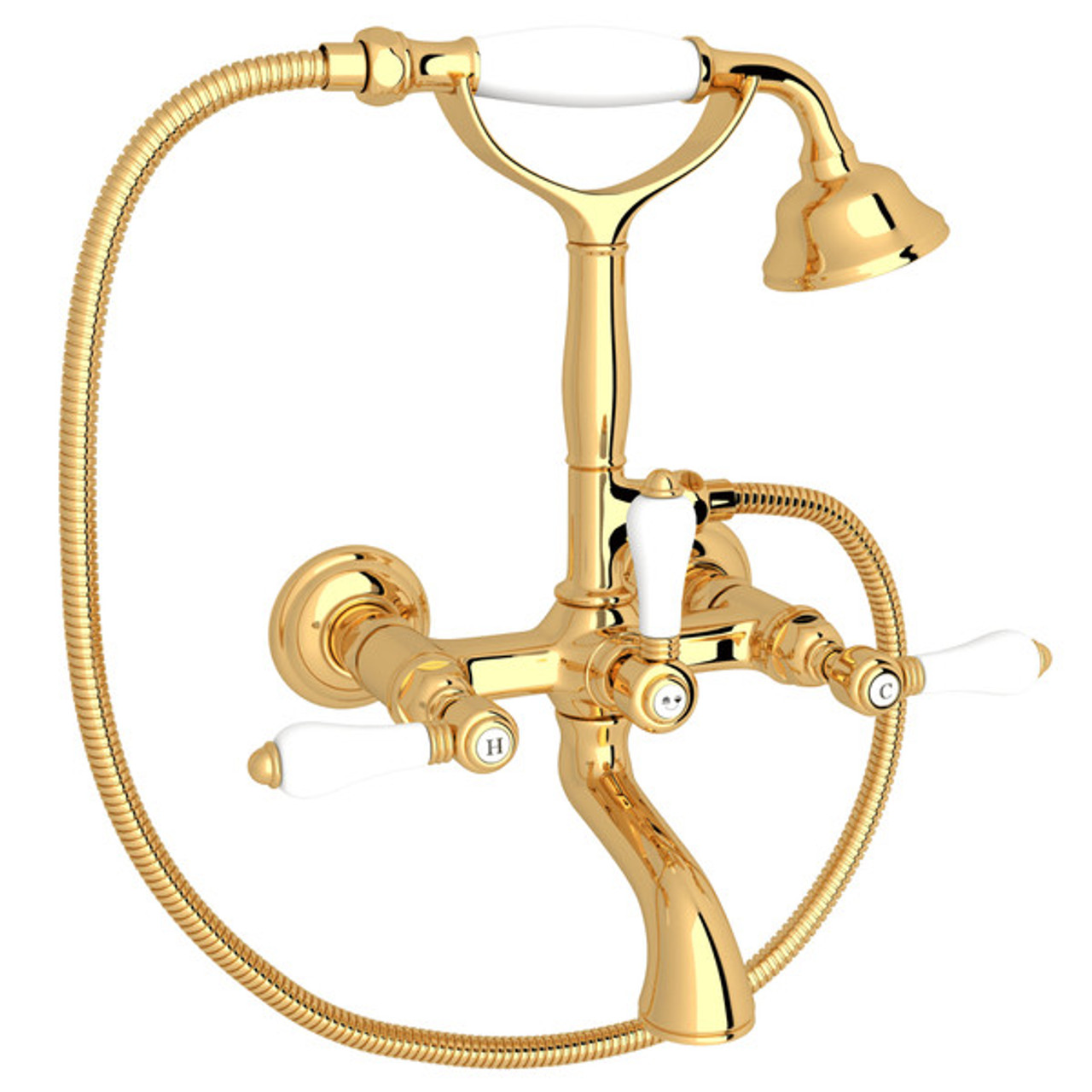 Rohl A1401LPIB Exposed Wall Mount Tub Filler with Handshower and White Porcelain Lever Handle, Italian Brass