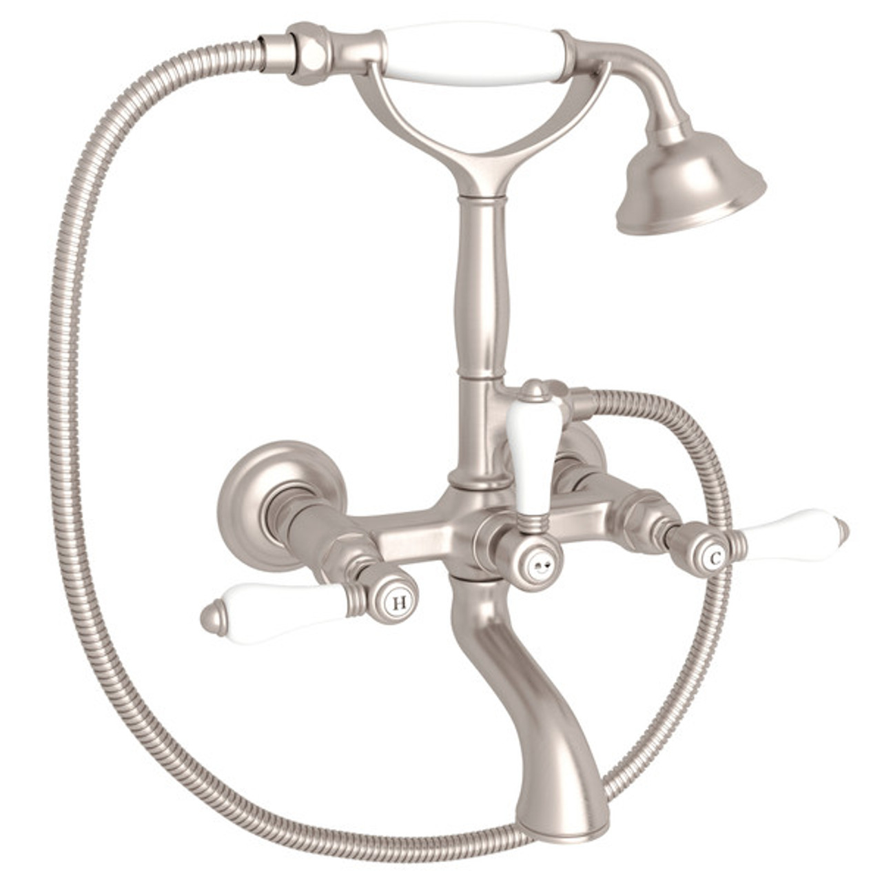 Rohl A1401LPSTN Exposed Wall Mount Tub Filler with Handshower and White Porcelain Lever Handle, Satin Nickel