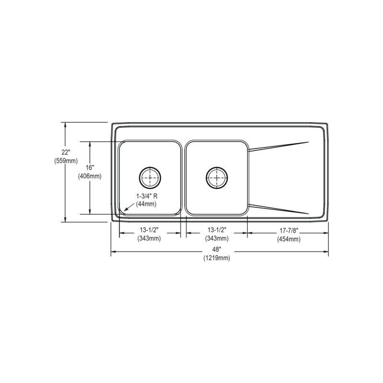 48" x 22" x 7-5/8" 18 Gauge Stainless Steel Equal Double Bowl Drop-in Sink with Left Drainboard and 1 Faucet Hole in Lustrous Satin