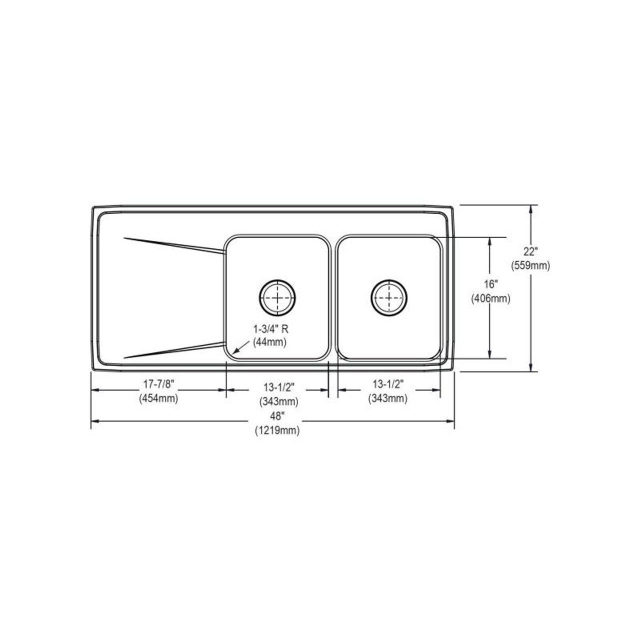 48" x 22" x 7-5/8" 18 Gauge Stainless Steel Equal Double Bowl Drop-in Sink with Right Drainboard and 2 Faucet Holes in Lustrous Satin