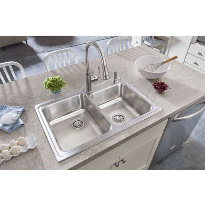 33" x 22" x 7-7/8" 18 Gauge Stainless Steel Offset Double Bowl Drop-in Kitchen Sink with 2 Faucet Holes in Lustrous Satin