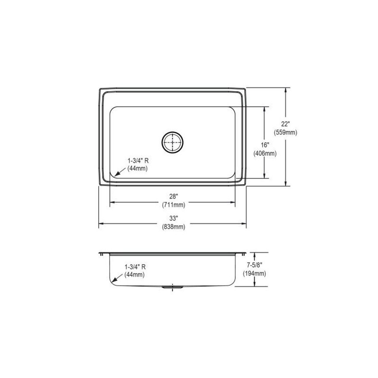 33" x 22" x 7-5/8" 18 Gauge Stainless Steel Single Bowl Drop-in Kitchen Sink with 2 Faucet Holes in Lustrous Satin