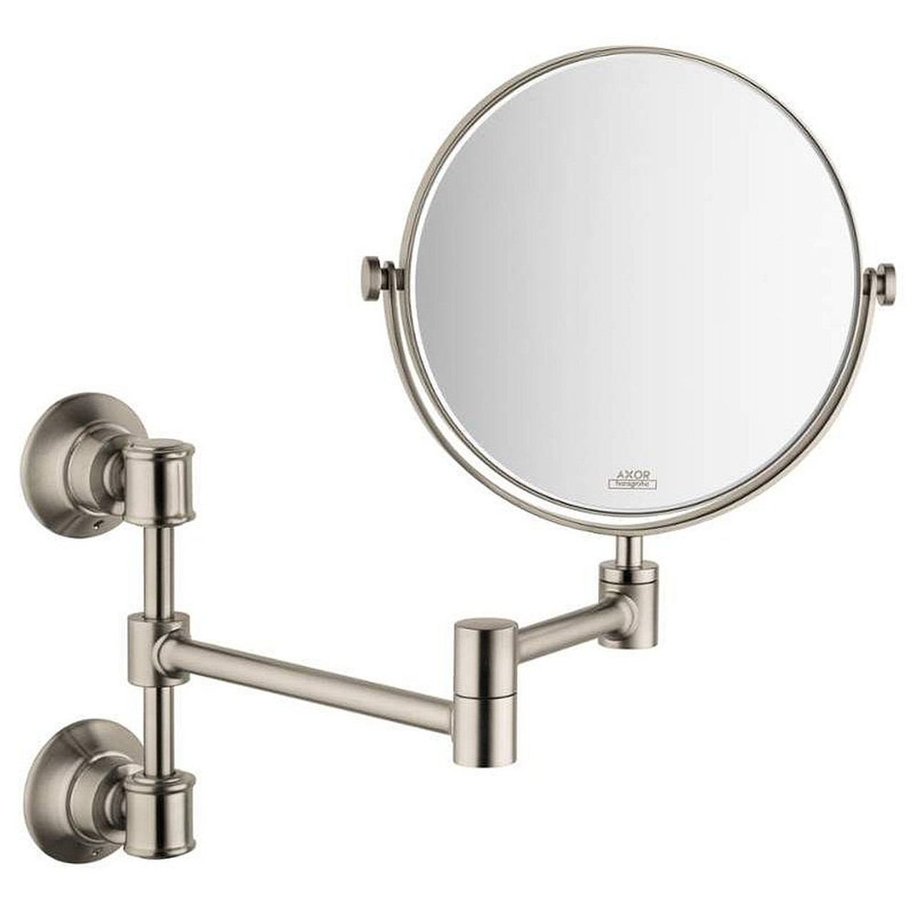 7 3/4in Double Sided Round Mirror with 2.5 Magnification and Double Jointed Swing Arm in Brushed Nickel