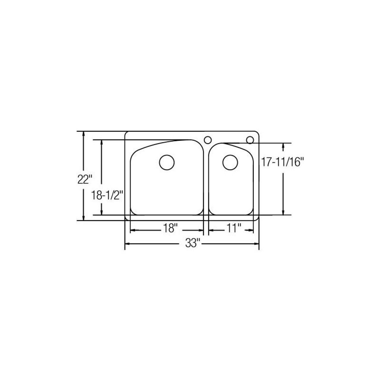 33" x 22" x 9" 18 Gauge Stainless Steel 60/40 Double Bowl Dual Mount Sink with Perfect Drain and 2 Right-Side Faucet Holes in Lustrous Satin