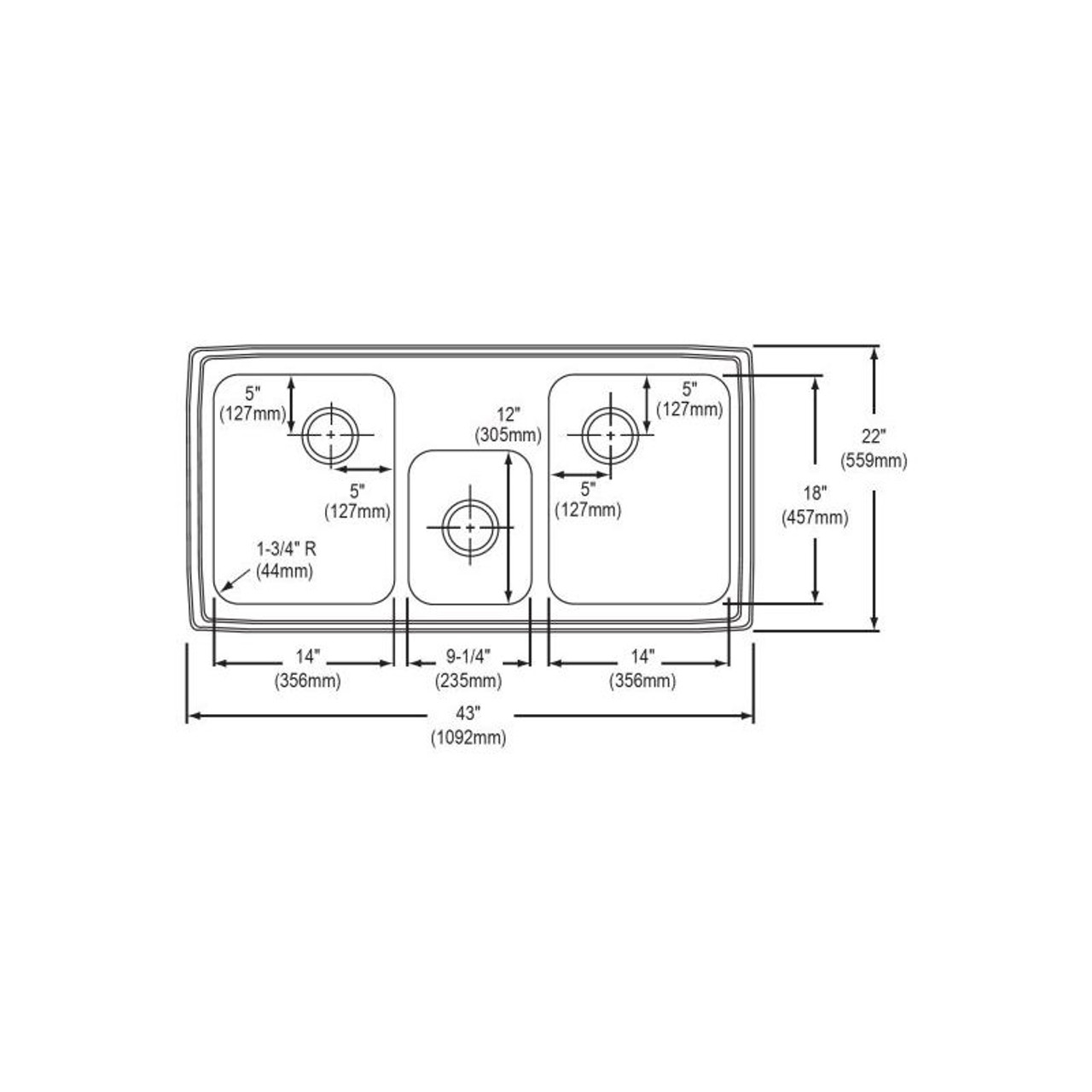 43" x 22" x 7-1/8" 20 Gauge Stainless Steel Triple Bowl Drop-in Kitchen Sink with 4 Faucet Holes in Brushed Satin