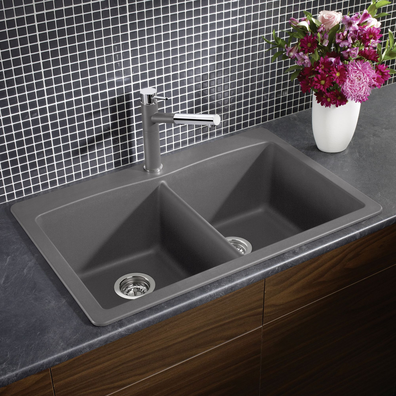 22-In X 33-In Double-Basin Granite Drop-In Or Undermount 1-Hole Residential Kitchen Sink in Cinder