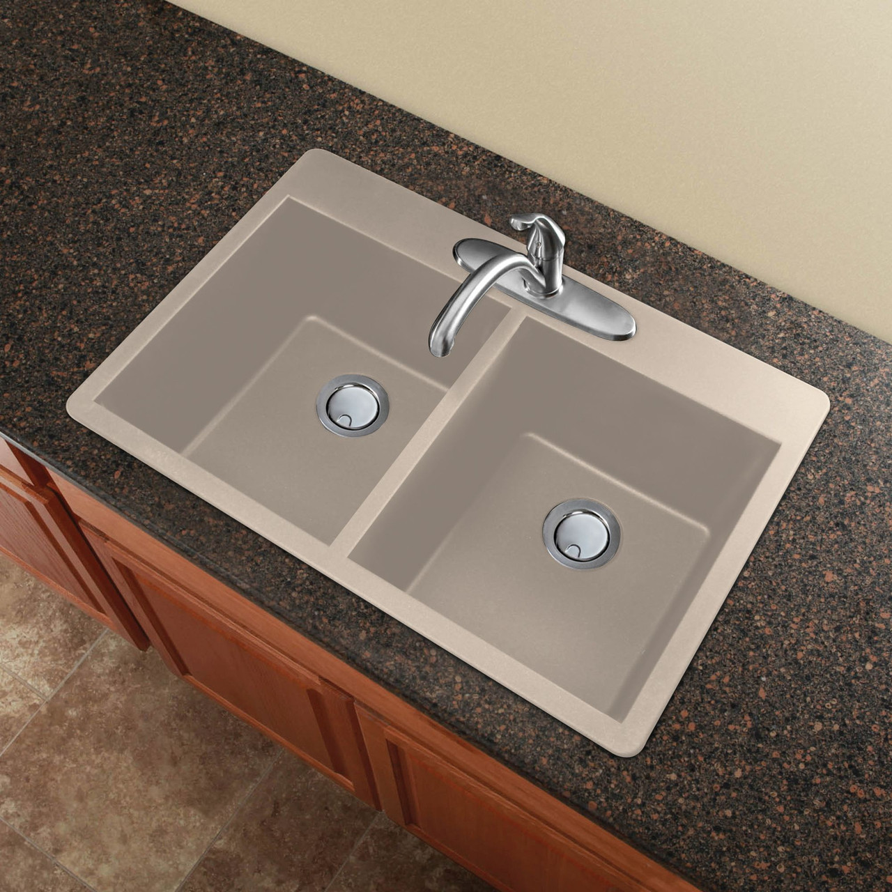 33-in X 22-in X 9.5-in silQ Granite Kitchen Sink with Double Equal Bowls, Drop-in Installation, with 4 CBDE Faucet Holes, In Café Latte