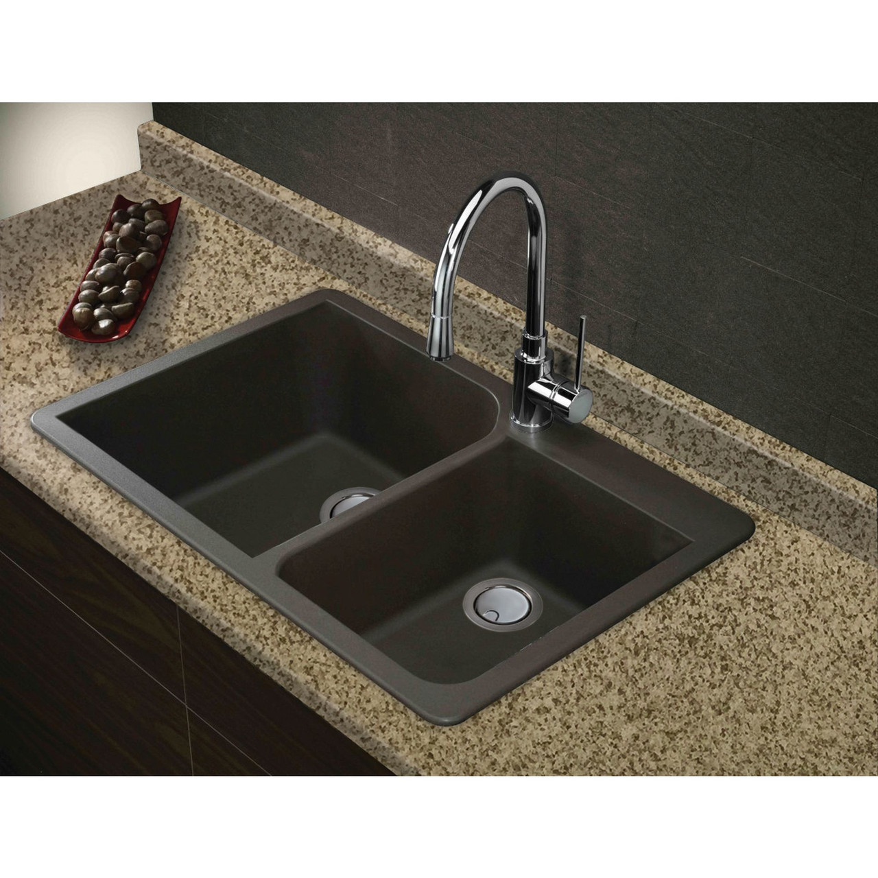 33-in X 22-in X 9.5-in silQ Granite Kitchen Sink with 1-3/4 Double Offset Bowls, Drop-in Installation, with 4 ABCD Faucet Holes, In Espresso