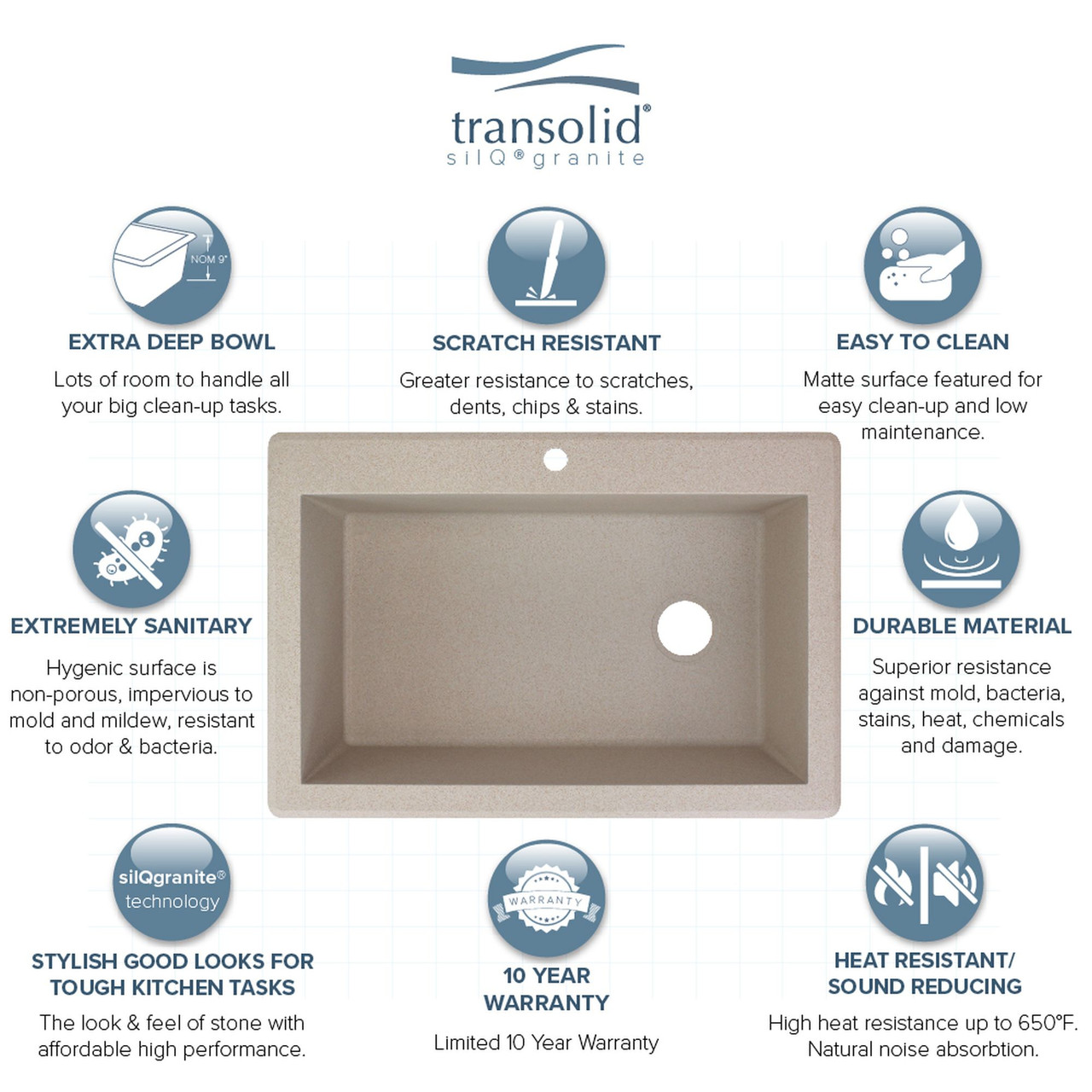 33-in X 22-in X 9.5-in silQ GraniteKitchen Sink with Super Single Offset Bowl, Drop-in Installation, with 3 CBD Faucet Holes, In Café Latte