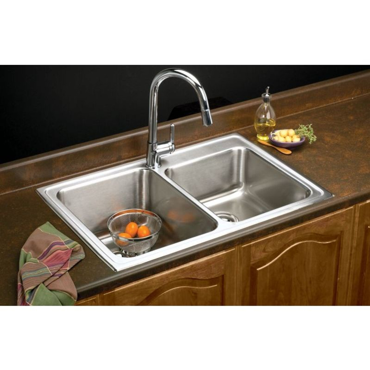 33" x 22" x 10" 18 Gauge Stainless Steel Offset Double Bowl Drop-in Kitchen Sink with 3 Faucet Holes in Lustrous Satin