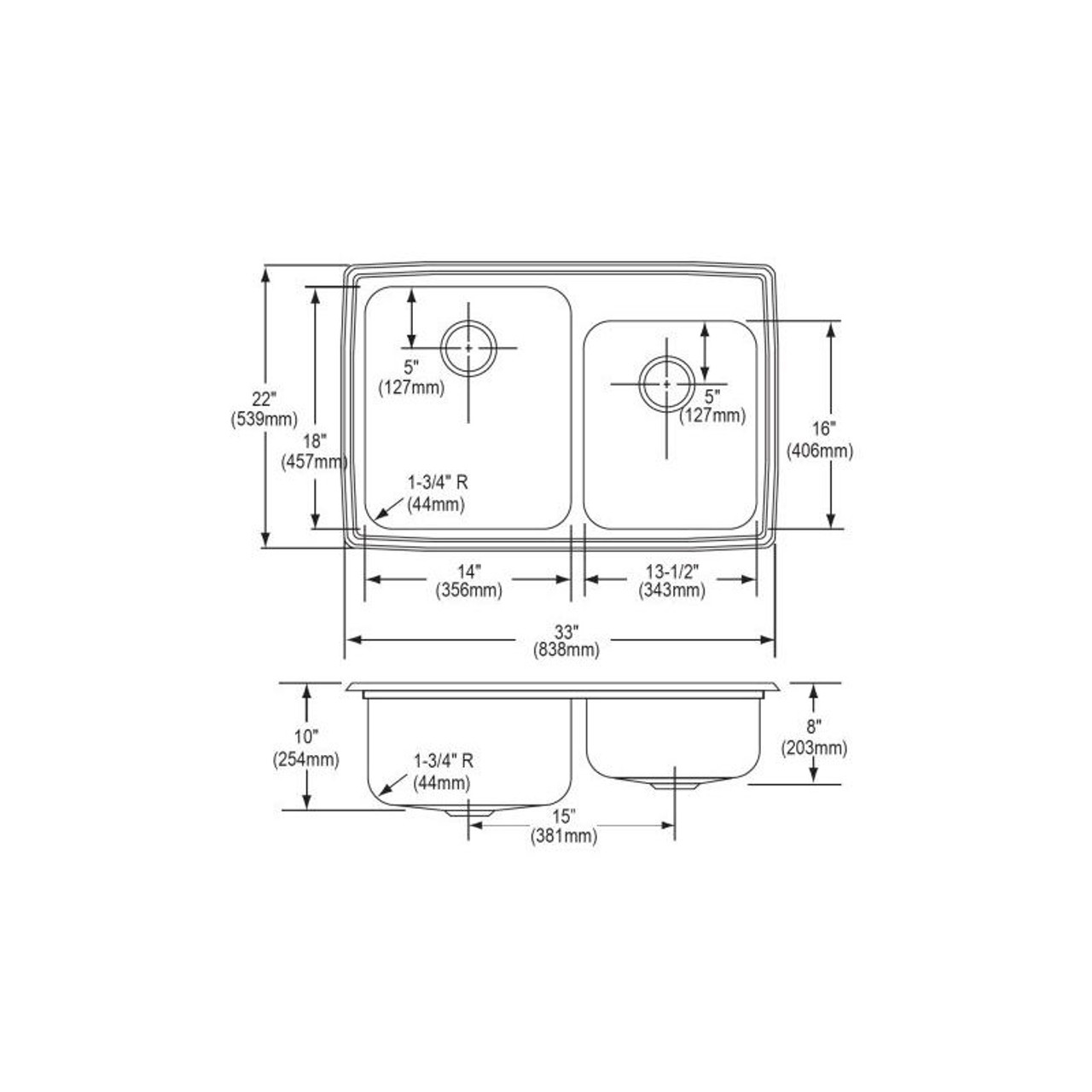 33" x 22" x 10" 18 Gauge Stainless Steel Offset Double Bowl Drop-in Kitchen Sink with 3 Faucet Holes in Lustrous Satin
