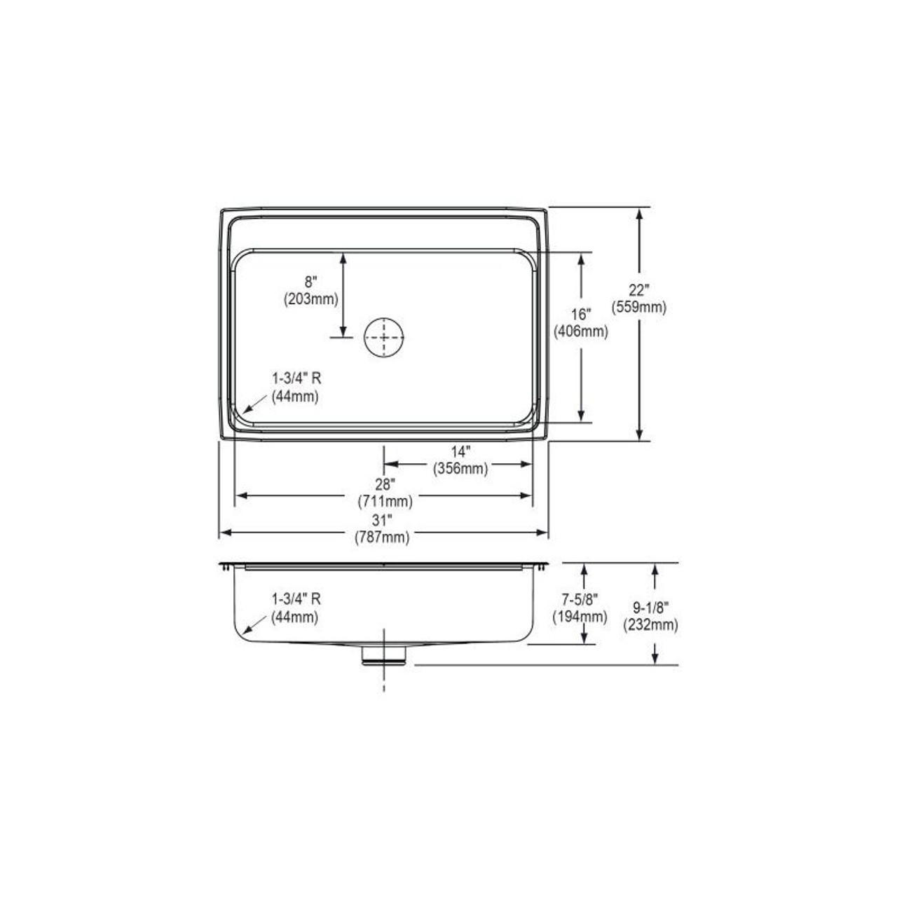 31" x 22" x 7-5/8" 18 Gauge Stainless Steel Single Bowl Drop-in Kitchen Sink with Perfect Drain and 1 Faucet Hole in Lustrous Satin