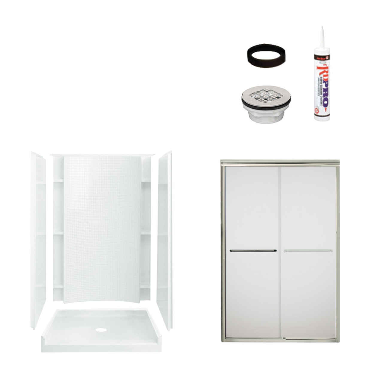 77-in x 36-in x 48-in Vikrell Wall and Floor 5-Piece Alcove Shower Kit in Nickel with Frosted Glass 77-in x 36-in x 48-in Vikrell Wall and Floor 5-Piece Alcove Shower Kit in Nickel with Frosted Glass