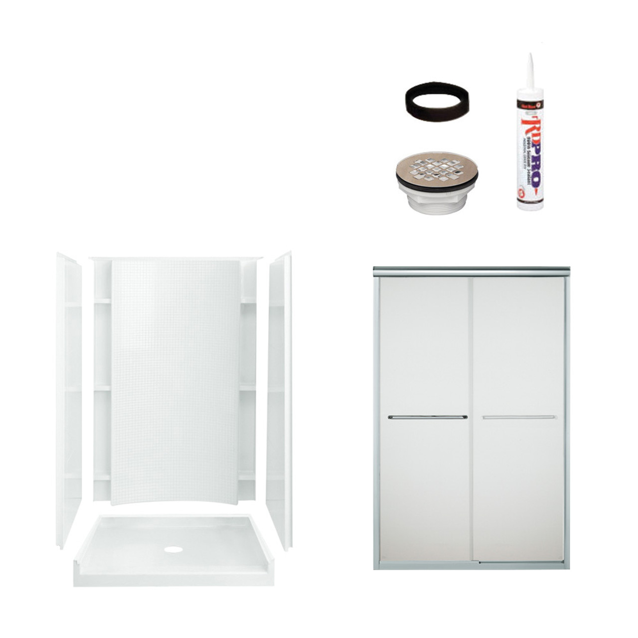 77-in x 36-in x 48-in Vikrell Wall and Floor 5-Piece Alcove Shower Kit in Silver with Frosted Glass 77-in x 36-in x 48-in Vikrell Wall and Floor 5-Piece Alcove Shower Kit in Silver with Frosted Glass