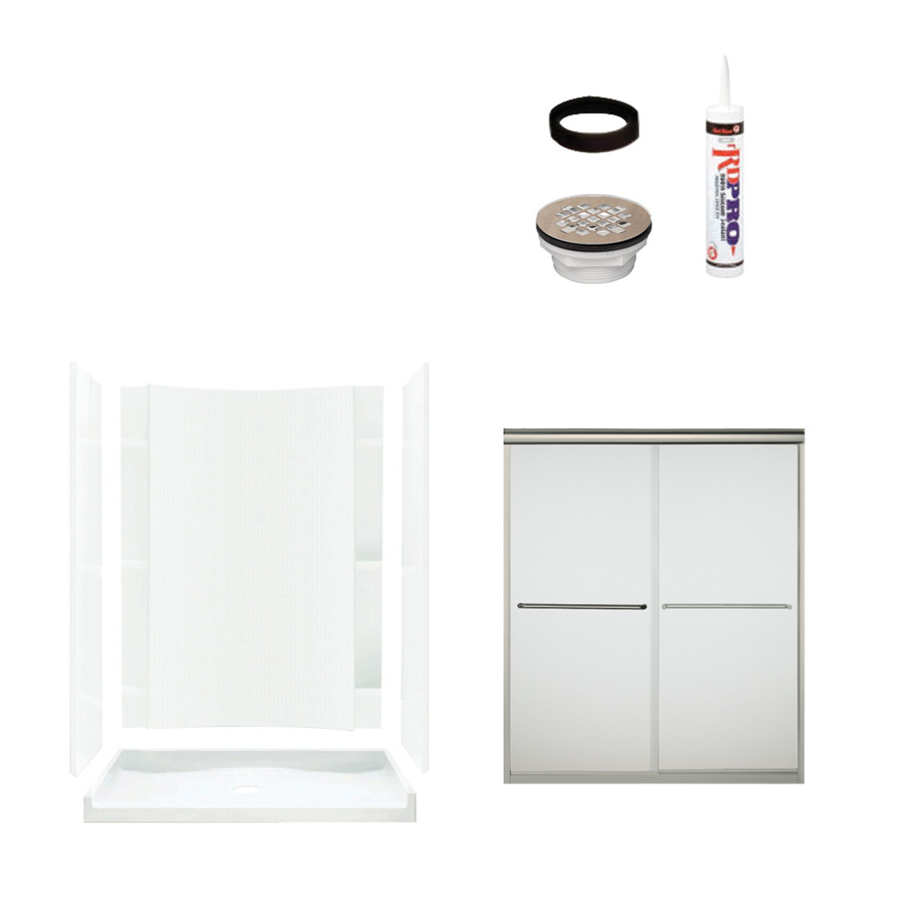 77-in x 36-in x 60-in Vikrell Wall and Floor 5-Piece Alcove Shower Kit in Nickel with Frosted Glass 77-in x 36-in x 60-in Vikrell Wall and Floor 5-Piece Alcove Shower Kit in Nickel with Frosted Glass