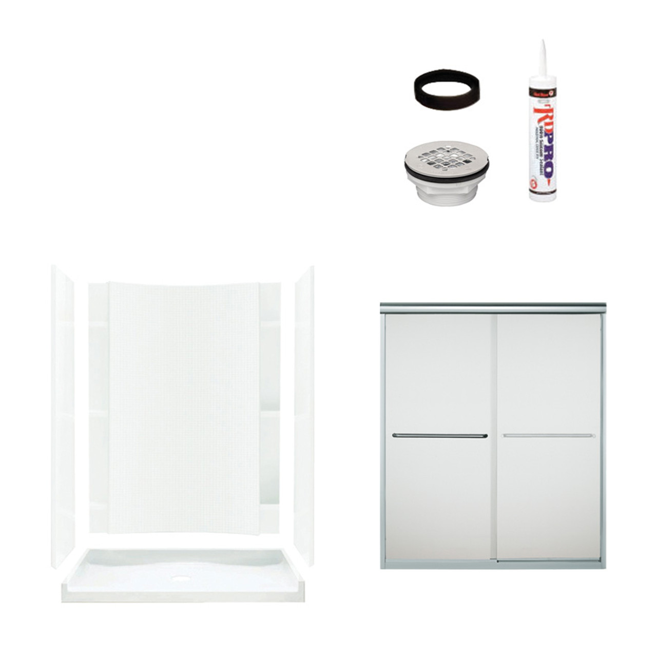 77-in x 36-in x 60-in Vikrell Wall and Floor 5-Piece Alcove Shower Kit in Silver with Frosted Glass 77-in x 36-in x 60-in Vikrell Wall and Floor 5-Piece Alcove Shower Kit in Silver with Frosted Glass