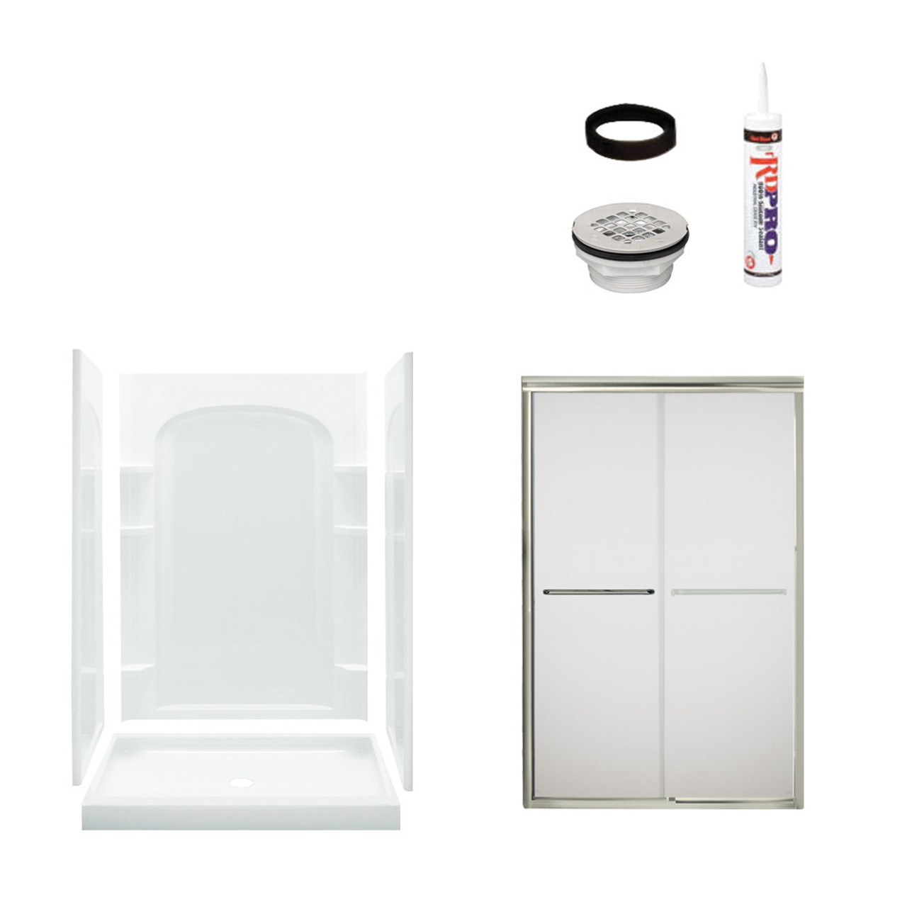 75.75-in x 34-in x 48-in Vikrell Wall and Floor 5-Piece Alcove Shower Kit in Nickel with Frosted Glass 75.75-in x 34-in x 48-in Vikrell Wall and Floor 5-Piece Alcove Shower Kit in Nickel with Frosted Glass