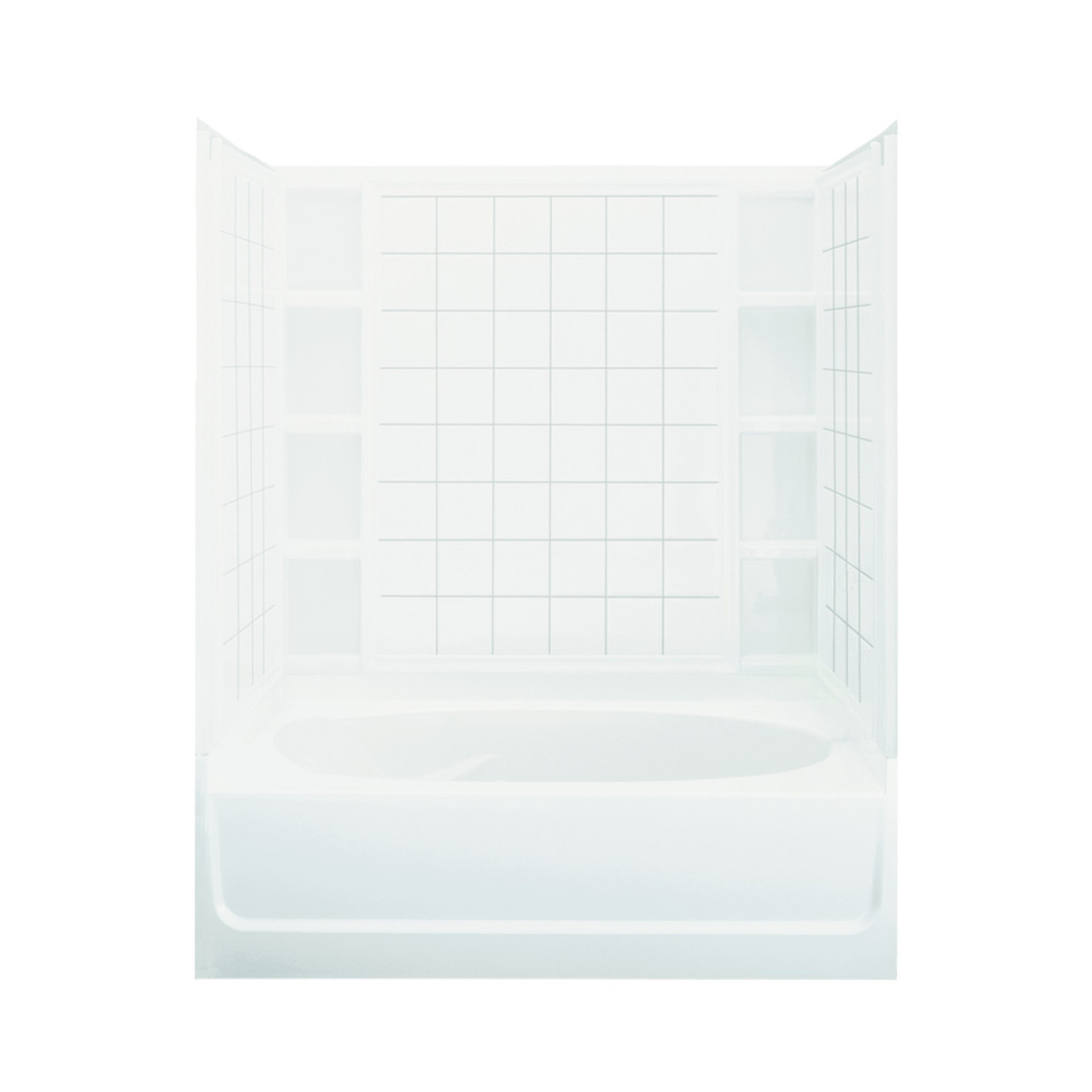 72-in x 42-in x 60.25-in Vikrell Oval in Rectangle Skirted Bathtub with Left-Hand Drain and Wall Surround in White 72-in x 42-in x 60.25-in Vikrell Oval in Rectangle Skirted Bathtub with Left-Hand Drain and Wall Surround in White
