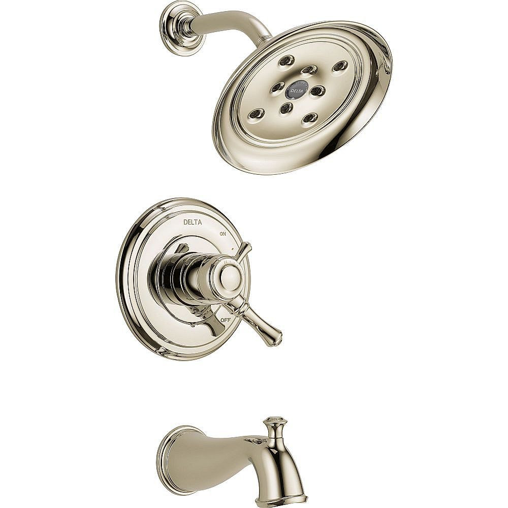 Delta T17497-PN Cassidy Dual Function Pressure Balanced Bath and Shower Trim with H2Okinetic Shower Head and Integrated Volume Control Less Rough-in in Polished Nickel