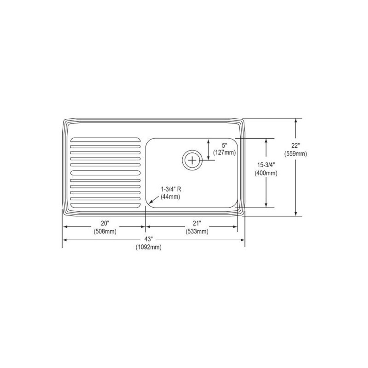 43" x 22" x 10" 18 Gauge Stainless Steel Single Bowl Drop-in Sink with Right Drainboard and 4 Faucet Holes in Lustrous Satin