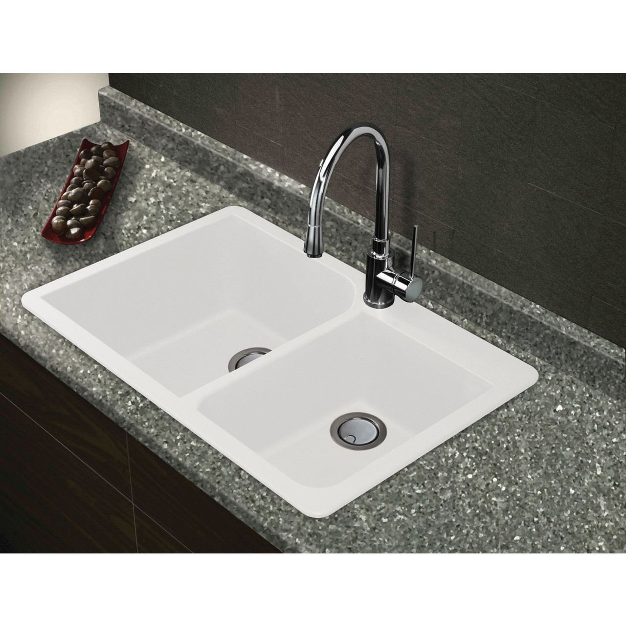 33-in X 22-in X 9.5-in silQ Granite Kitchen Sink with 1-3/4 Double Offset Bowls, Drop-in Installation, with 2 AB Faucet Holes, In White