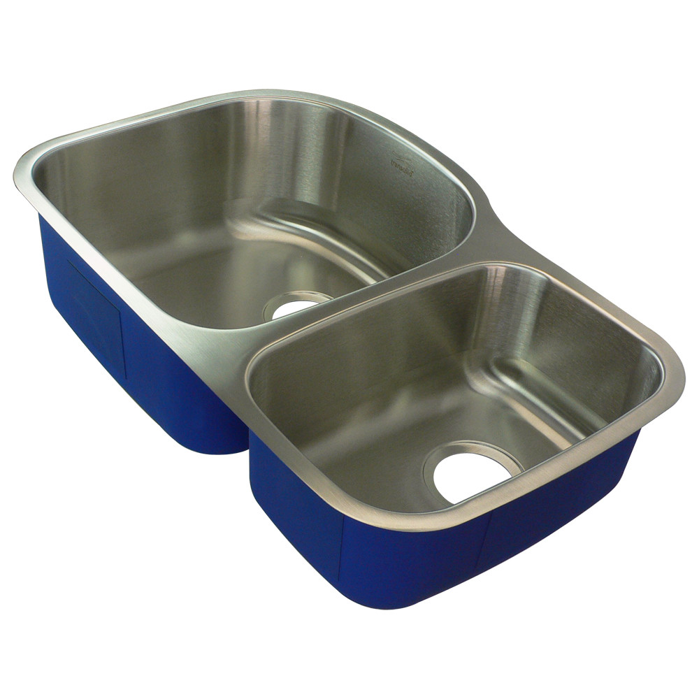 31.5-in x 20.5-in x 9-in 16 Gauge 75/25 Offset Double Bowls, Undermount Stainless Steel Kitchen Sink