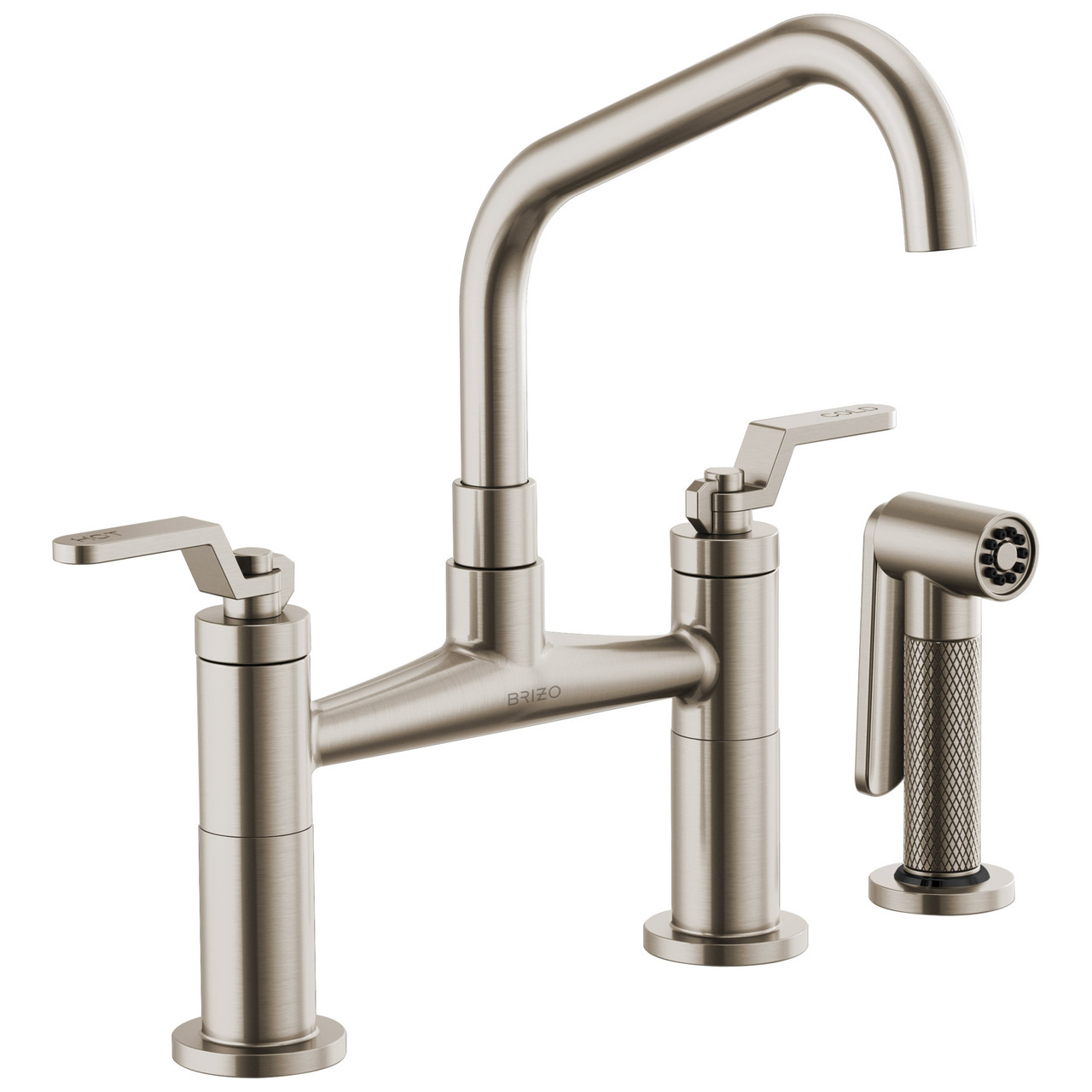 Bridge Faucet with Angled Spout and Industrial Handle in Stainless Finish Bridge Faucet with Angled Spout and Industrial Handle in Stainless Finish