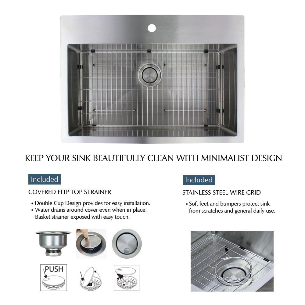 32-in x 22-in x 10-in 16 Gauge Super Single Bowl, Stainless Steel Kitchen Sink, Micro Edge Dual Mount Installation, with 4 Holes