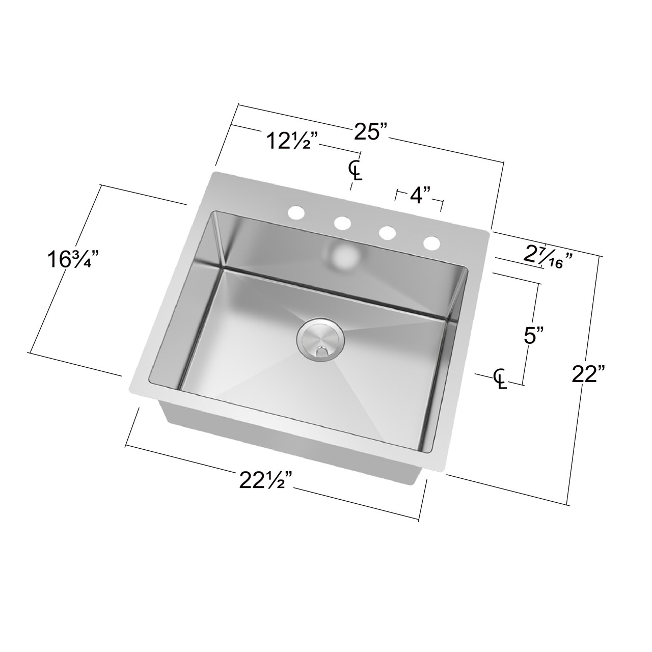 25-in x 22-in x 10-in 16 Gauge Single Bowl, Stainless Steel Kitchen Sink, Micro Edge Dual Mount Installation, with 4 Holes