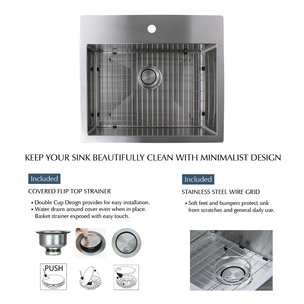 25-in x 22-in x 10-in 16 Gauge Single Bowl, Stainless Steel Kitchen Sink, Micro Edge Dual Mount Installation, with 4 Holes