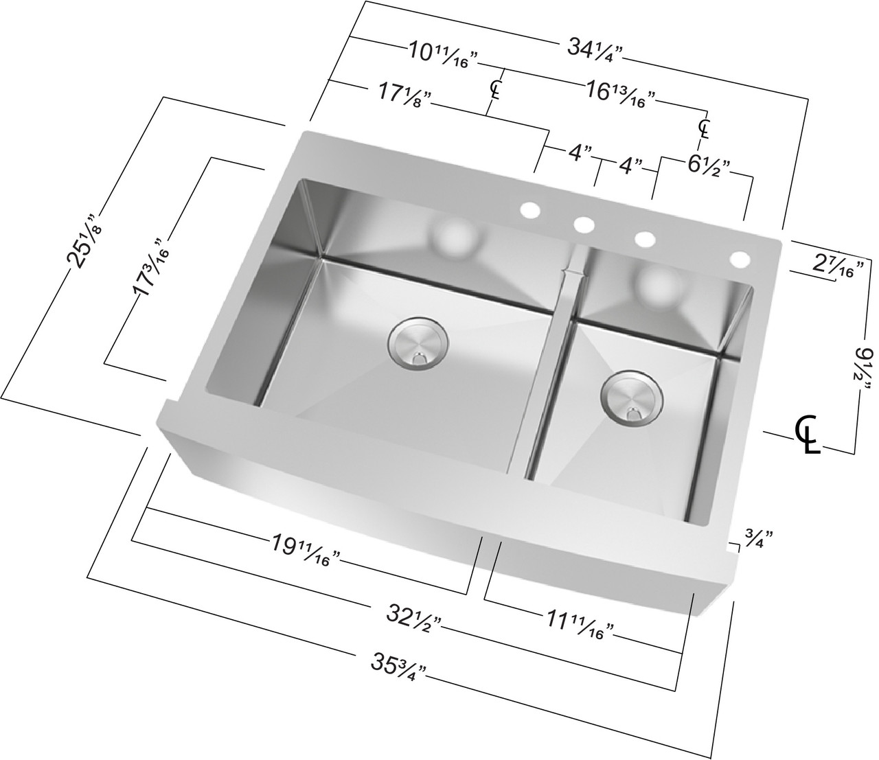 35.75-in x 25.125-in x 10-in 16 Gauge 60/40 Double Bowls, Stainless Steel Kitchen Sink with Low Divide, Micro Edge Dual Mount Installation, with 1 Hole
