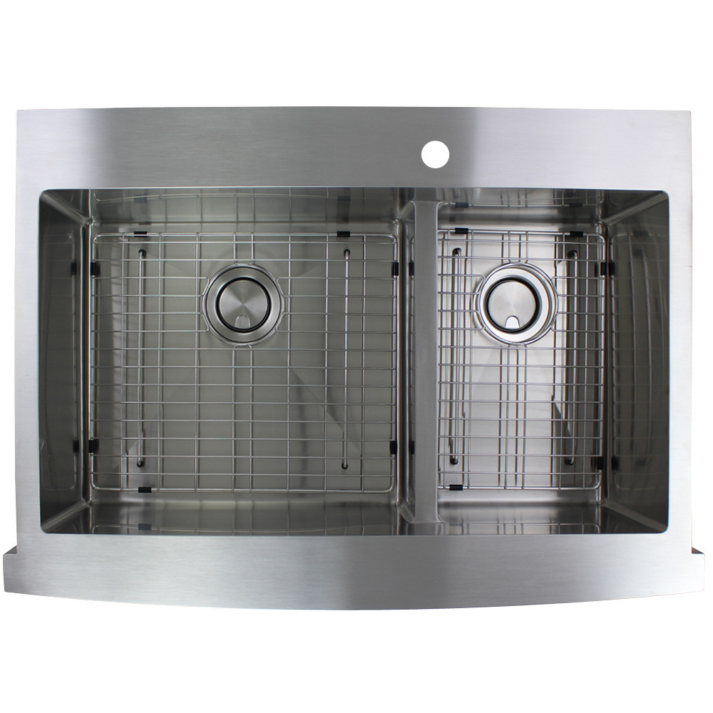 35.75-in x 25.125-in x 10-in 16 Gauge 60/40 Double Bowls, Stainless Steel Kitchen Sink with Low Divide, Micro Edge Dual Mount Installation, with 4 Holes