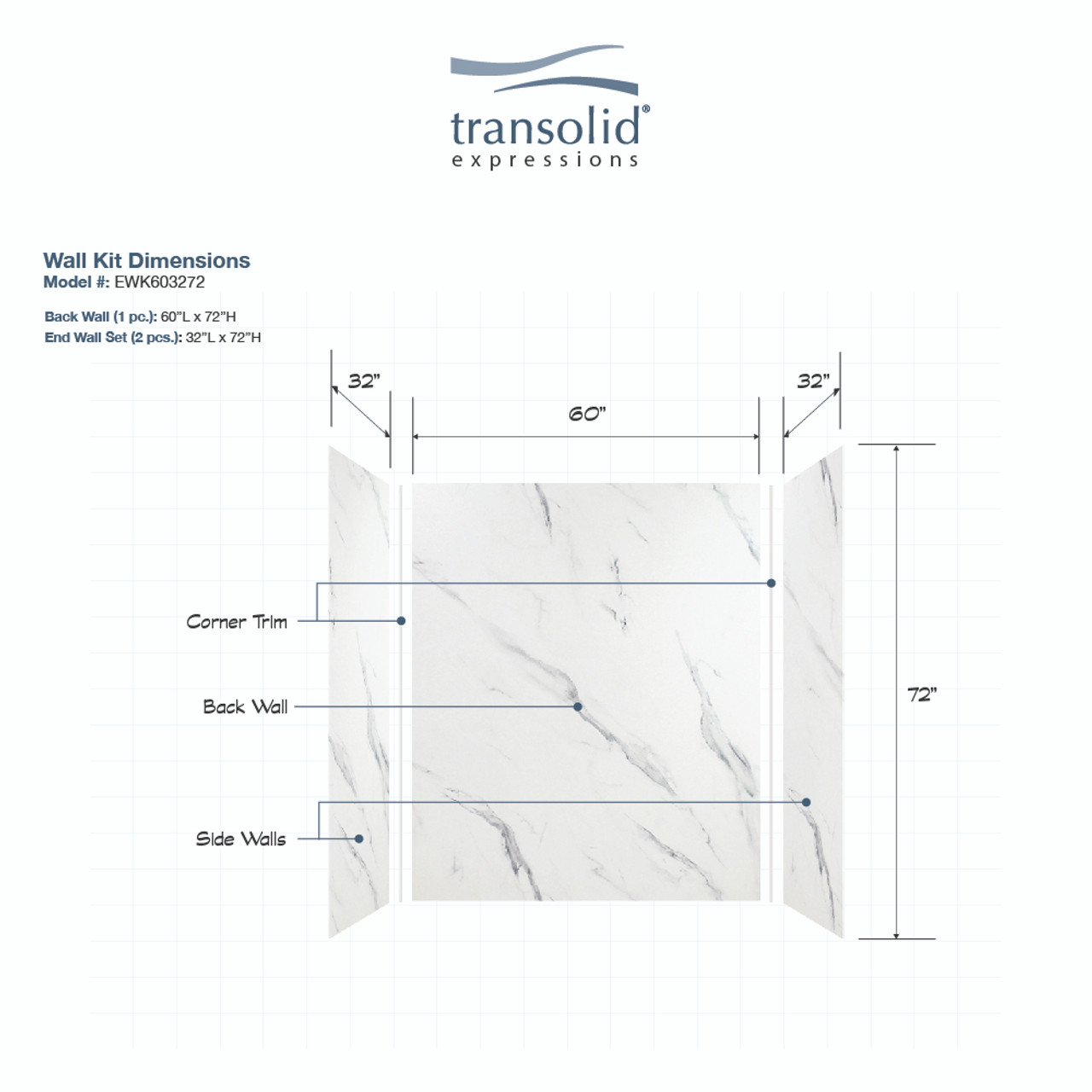 Transolid EWK603272-41 Expressions 32" X 60" X 72" 3-Piece Tub/Shower Wall Kit, In Bianca