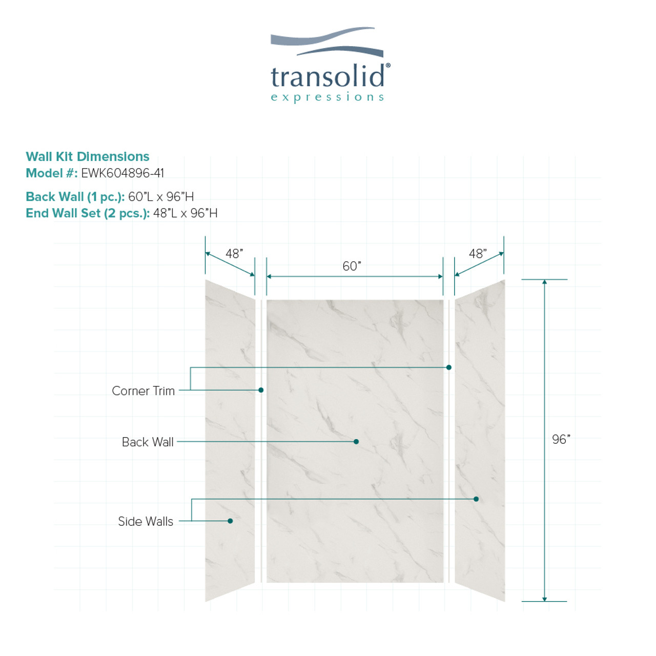 Transolid EWK604896-41 Expressions 48" X 60" X 96" 3-Piece Tub/Shower Wall Kit, In Bianca