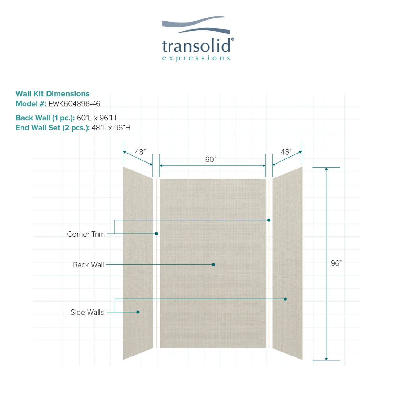 Transolid EWK604896-46 Expressions 48" X 60" X 96" 3-Piece Tub/Shower Wall Kit, In Houndstooth