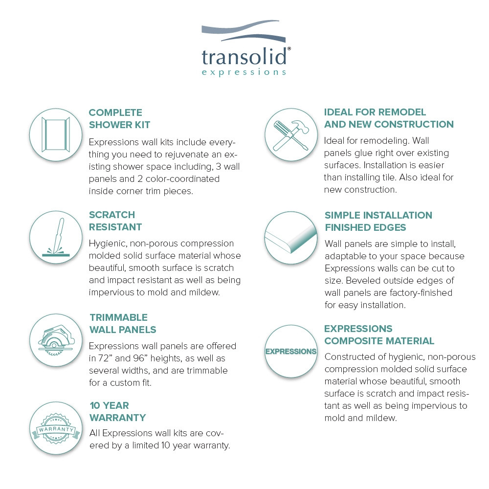 Transolid EWK484896-39 Expressions 48" X 48" X 96" 3-Piece Shower Wall Trimmable Kit, In Grey