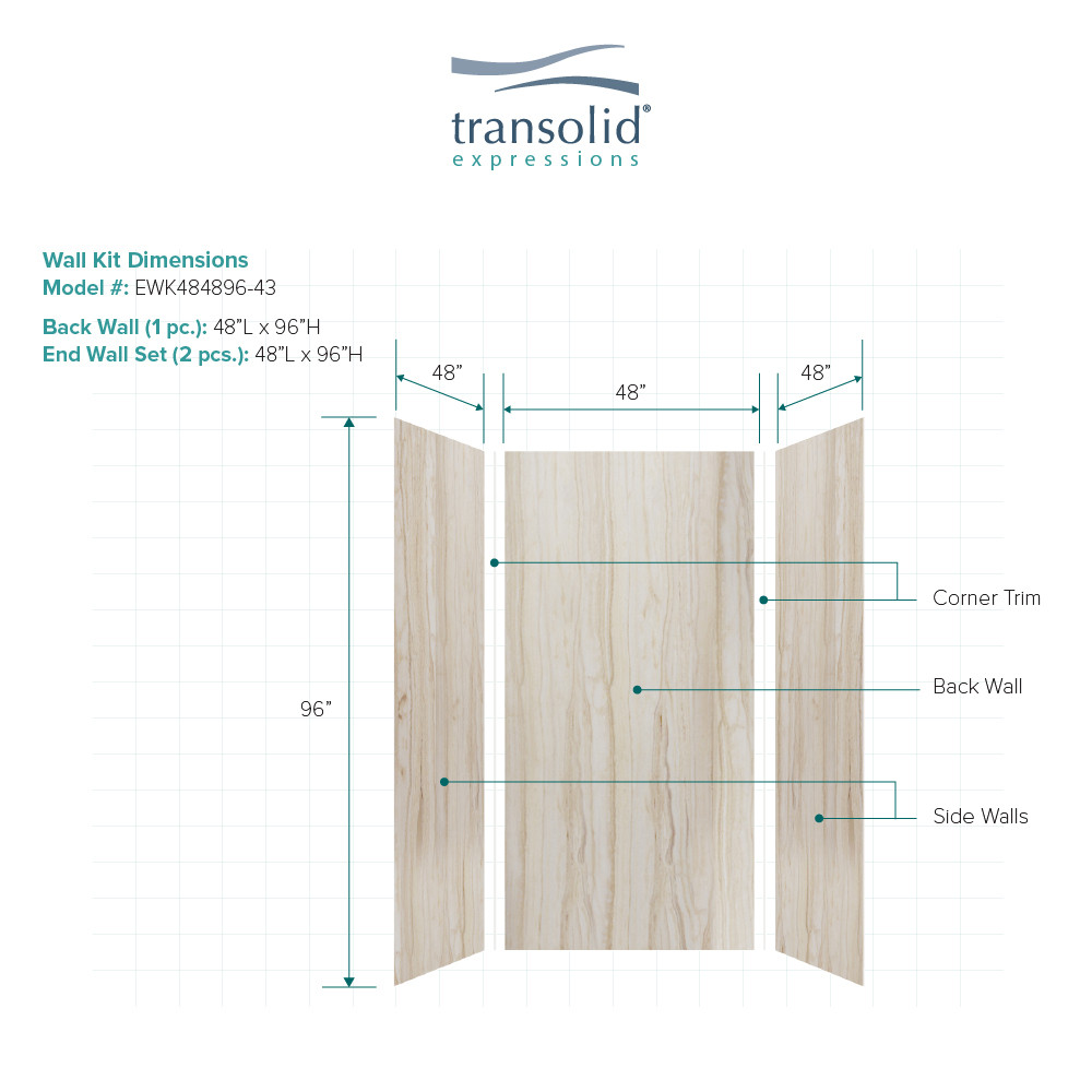 Transolid EWK484896-43 Expressions 48" X 48" X 96" 3-Piece Shower Wall Trimmable Kit, In Sorento