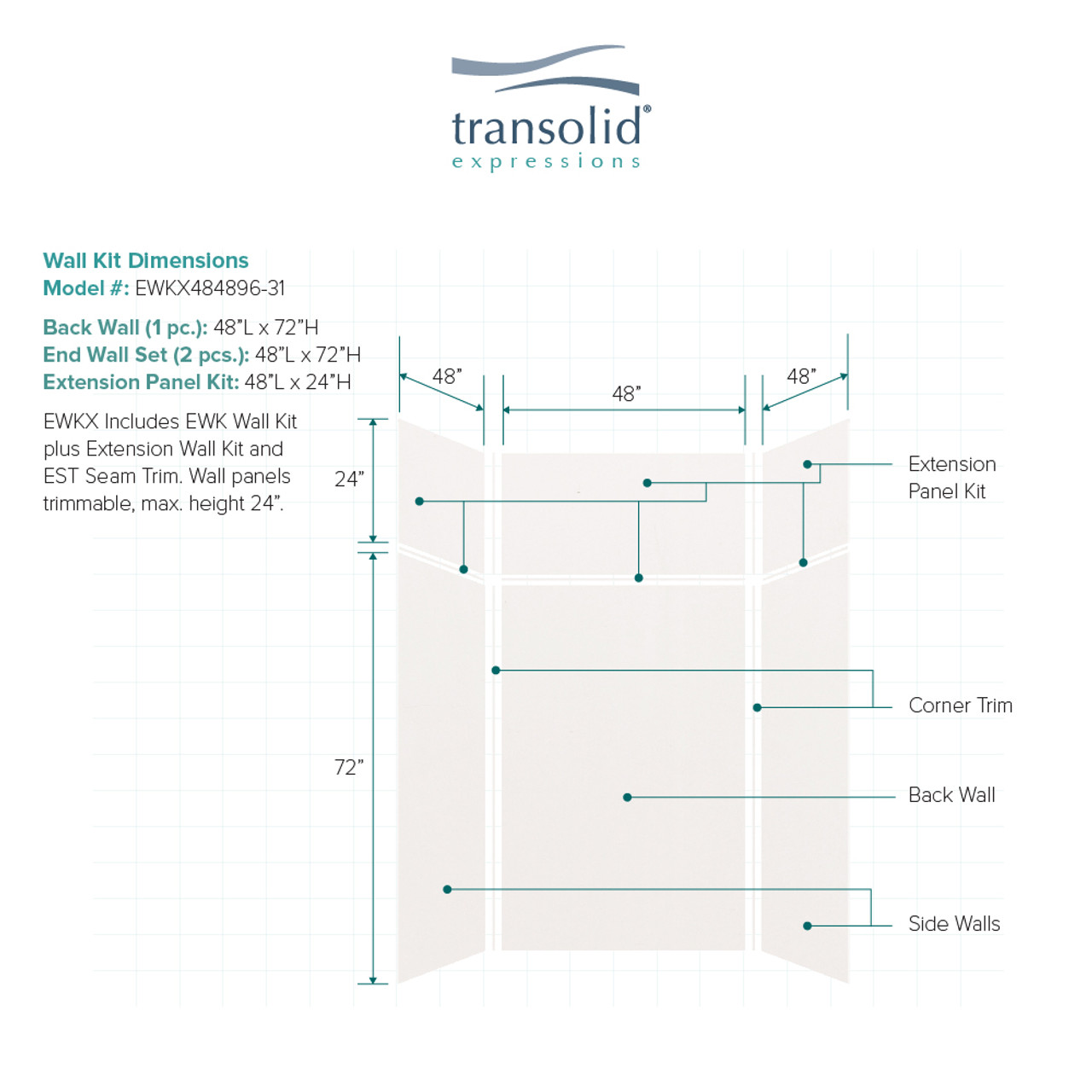 Transolid EWKX484896-31 Expressions 48" X 48" X 96" 6-Piece Shower Wall Kit with Extension Kit, In White