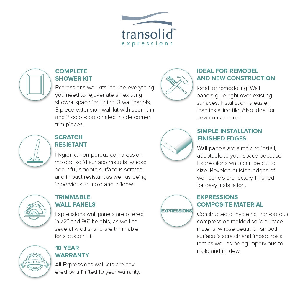 Transolid EWKX484896-31 Expressions 48" X 48" X 96" 6-Piece Shower Wall Trimmable Kit with Extension Kit, In White