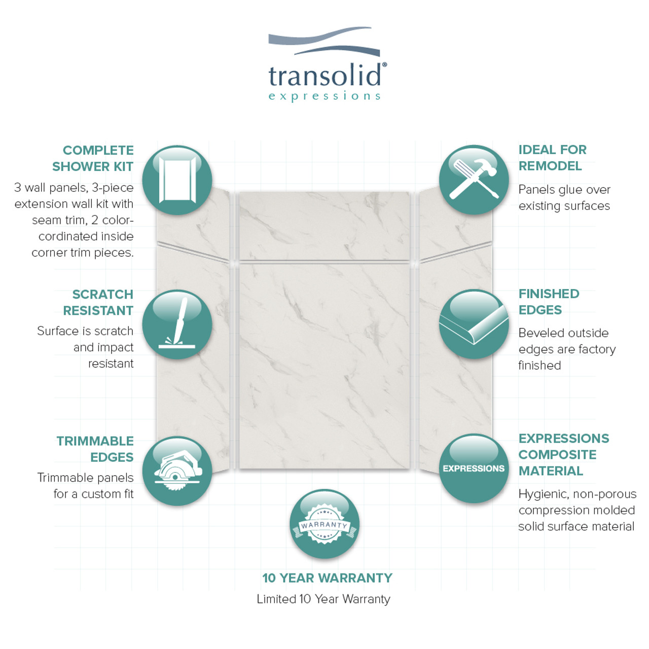 Transolid EWKX606096-41 Expressions 60" X 60" X 96" 6-Piece Tub/Shower Wall Kit with Extension Kit, In Bianca