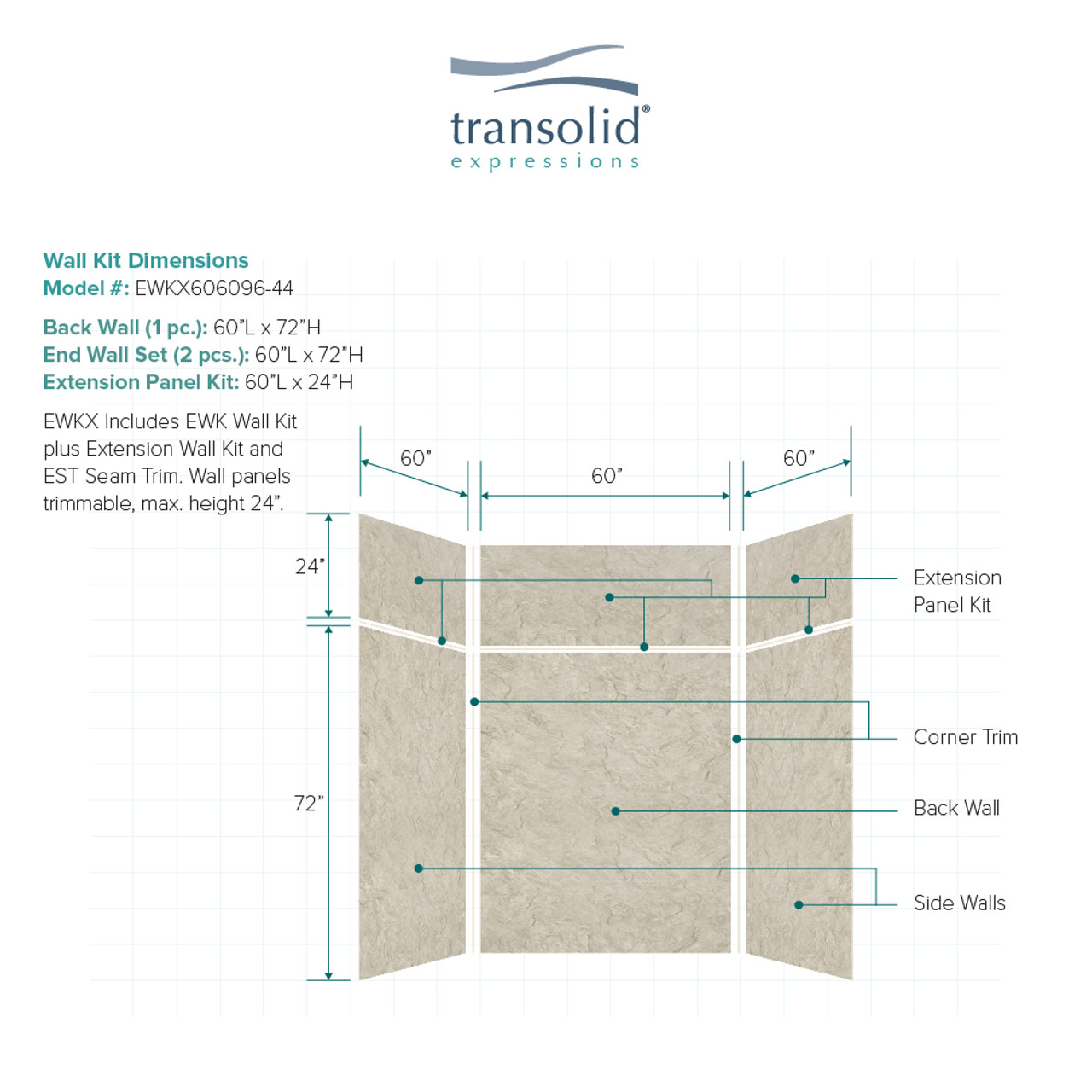 Transolid EWKX606096-44 Expressions 60" X 60" X 96" 6-Piece Tub/Shower Wall Kit with Extension Kit, In Sea Fog