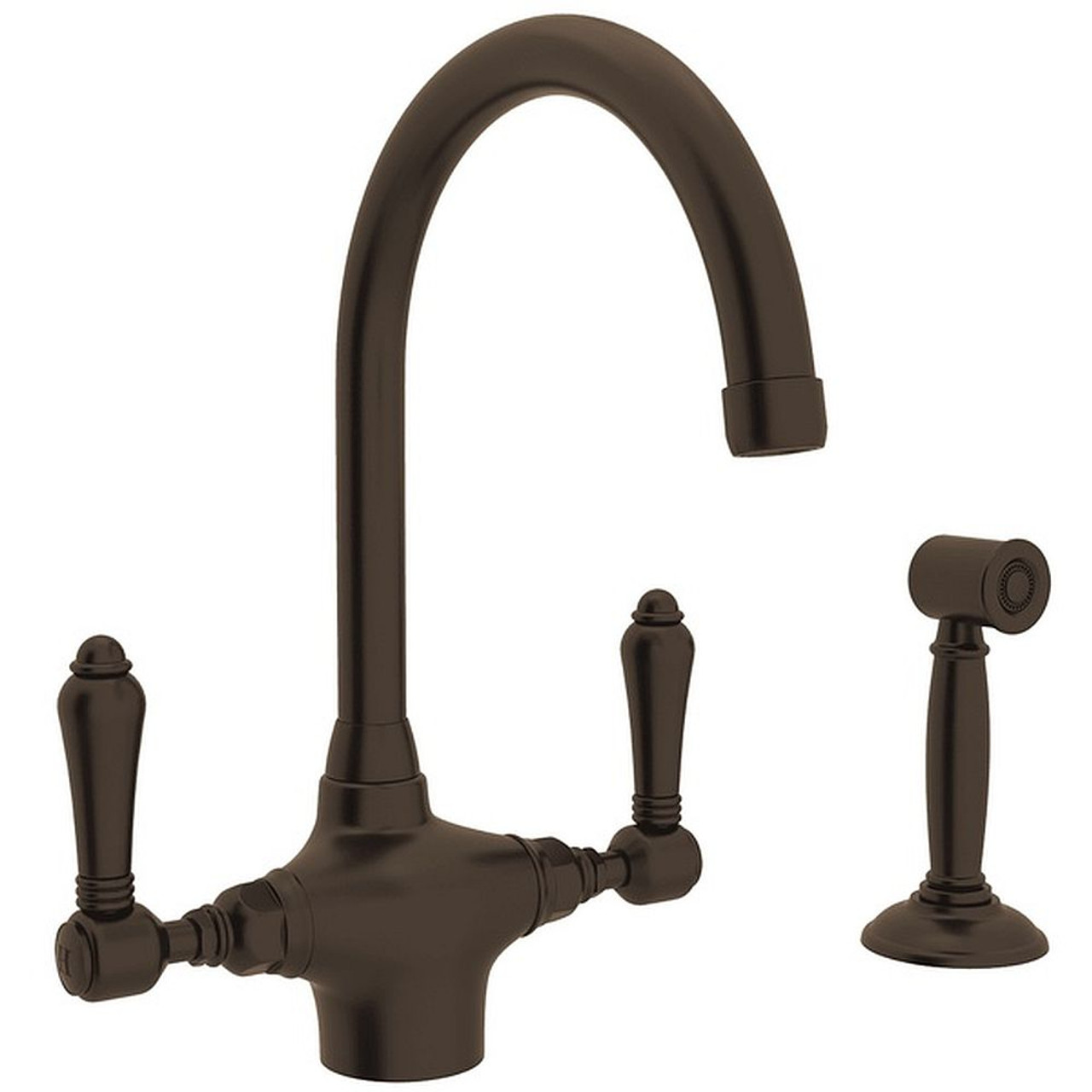 Rohl A1676LMWSSTN-2 Single Hole C-Spout Kitchen Faucet With Metal Lever Sidespray In Satin Nickel