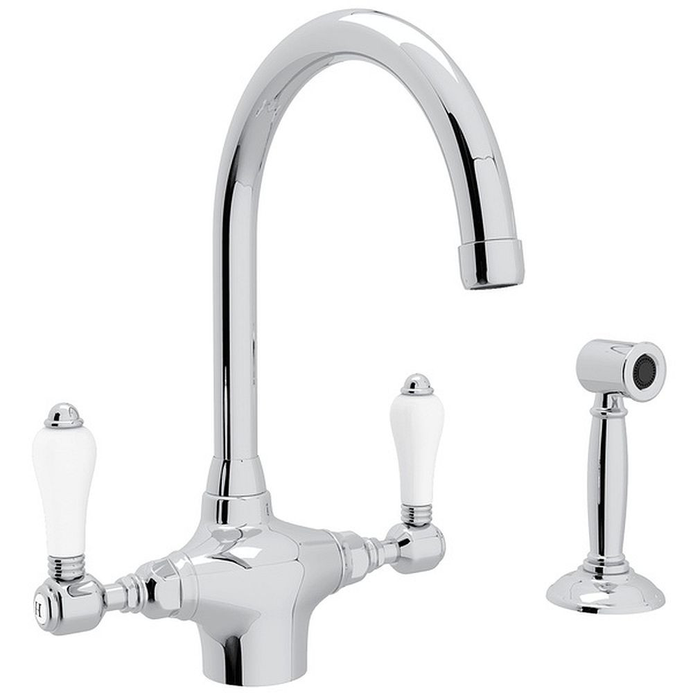Single Hole C-Spout Kitchen Faucet With Porcelain Lever Sidespray In Polished Chrome
