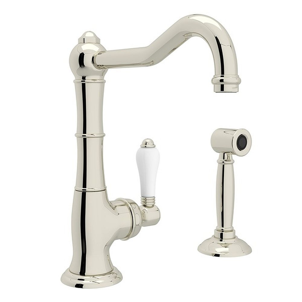 Single Hole Column Spout Bar/Food Prep Faucet With Sidespray With Porcelain Lever Handle In Polished Nickel